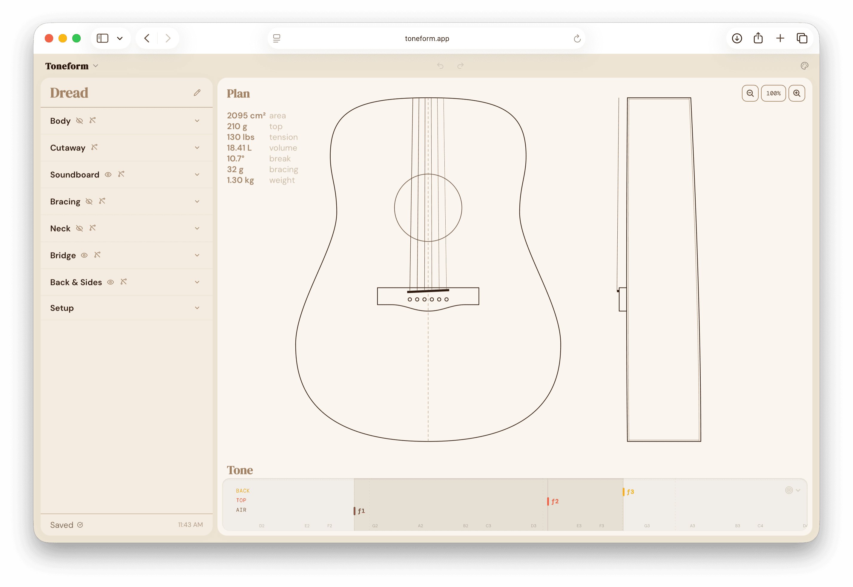 Toneform workspace showing a parametric guitar design